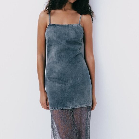 Zara LACE TRIM DENIM DRESS Size M NEW WITH TAG! - Picture 2 of 15